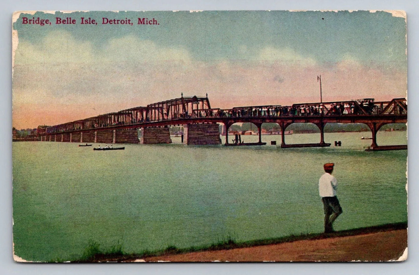 Bridge, Belle Isle, Detroit, Michigan - Belle Isle Pleasure Boat Postcard