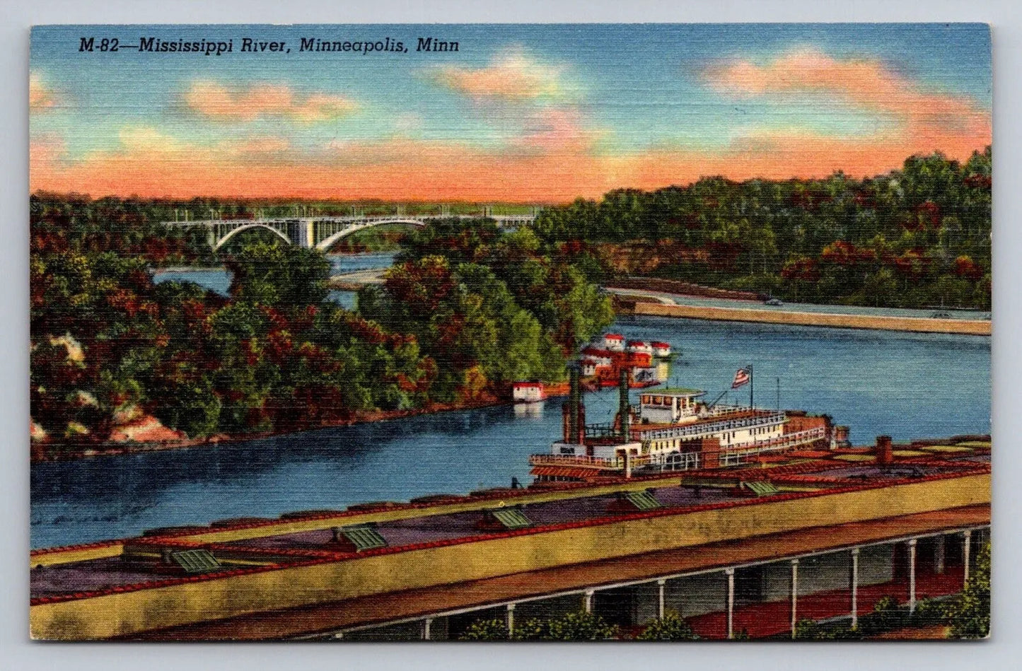 Mississippi River, Minneapolis, Minn. Federal Barge Lines Vintage Postcard