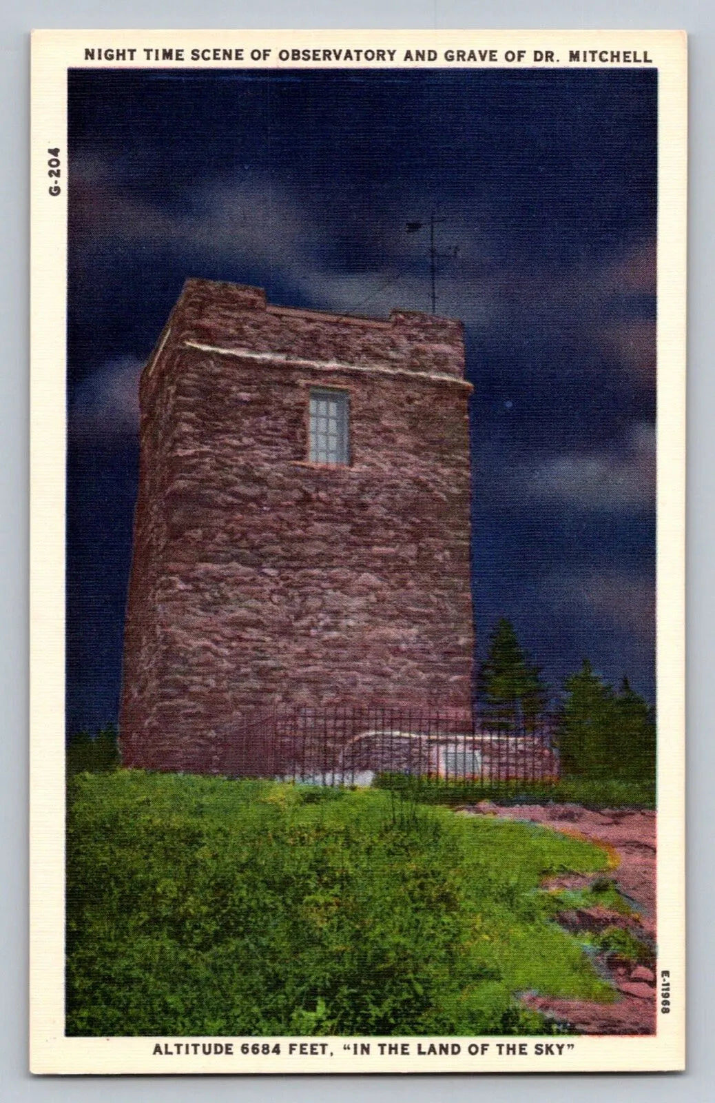 Night Time Scene of Observatory and Grave of Dr. Mitchell, NC Vintage Postcard