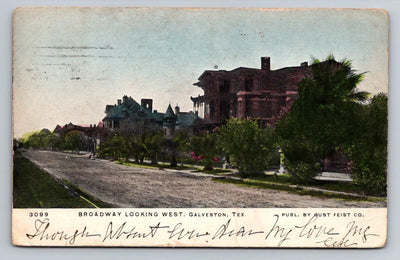 Broadway Looking West. Galveston, Texas Vintage Postcard (circa 1906)