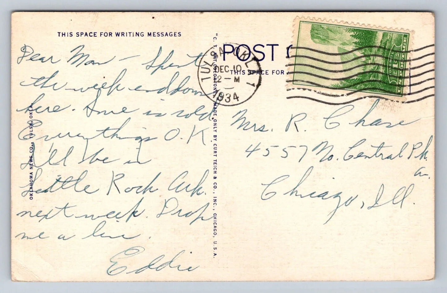 Post Office, Tulsa, Oklahoma Vintage Postcard (circa 1934)