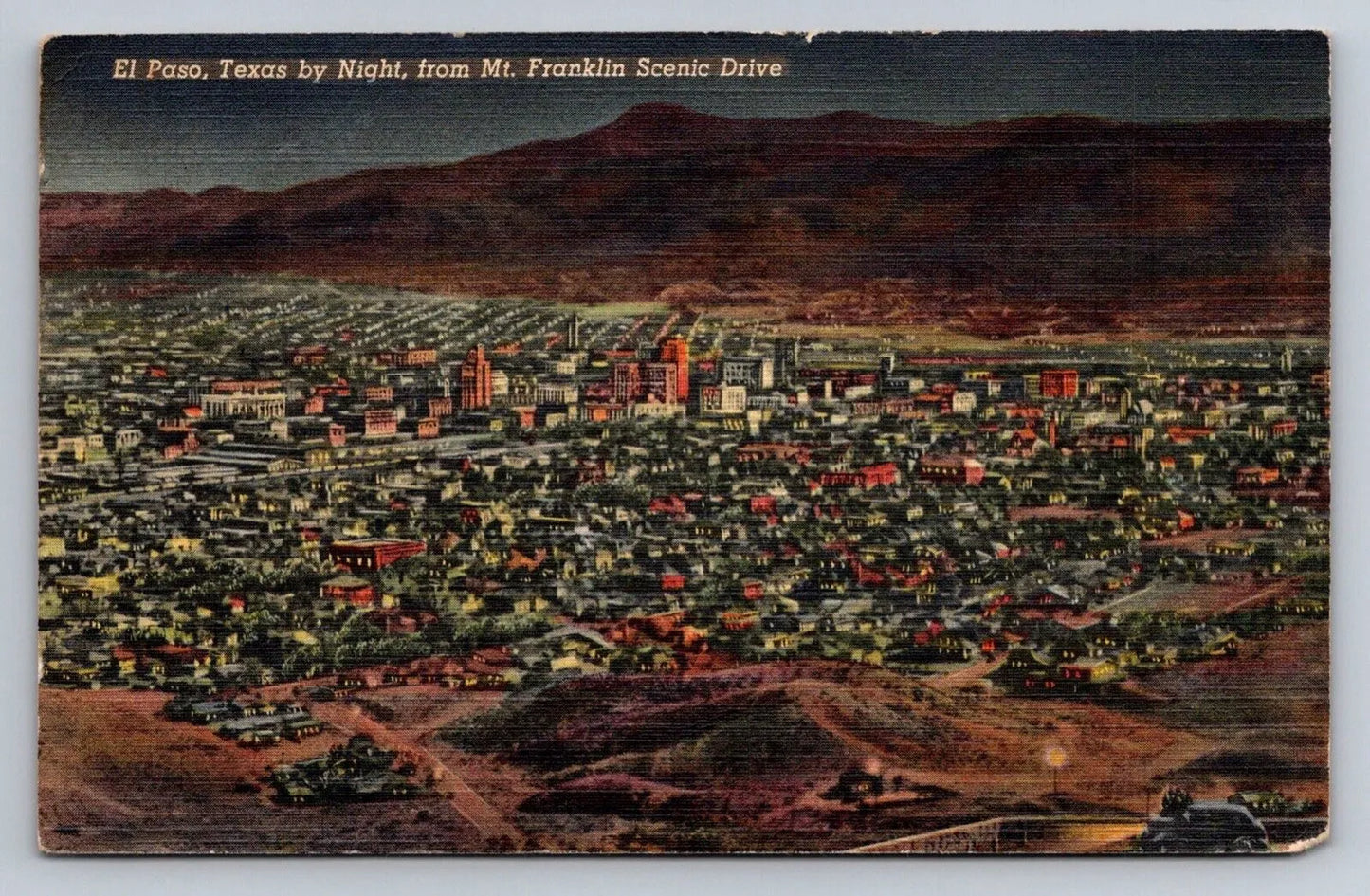 El Paso, Texas by Night, from Mt. Franklin Scenic Drive Vintage Postcard