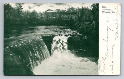 The Gorge, Winooski, Vermont, Waterfall and Train in Background Vintage Postcard