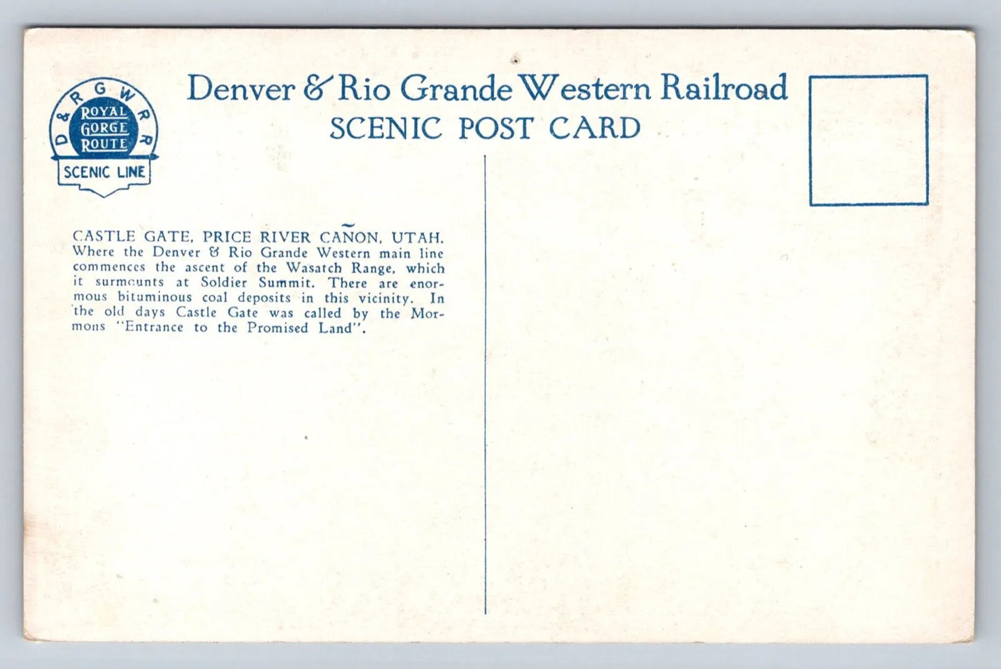 Castle Gate, Price River Canon, UT - Denver / Rio Grande West. Railroad Postcard