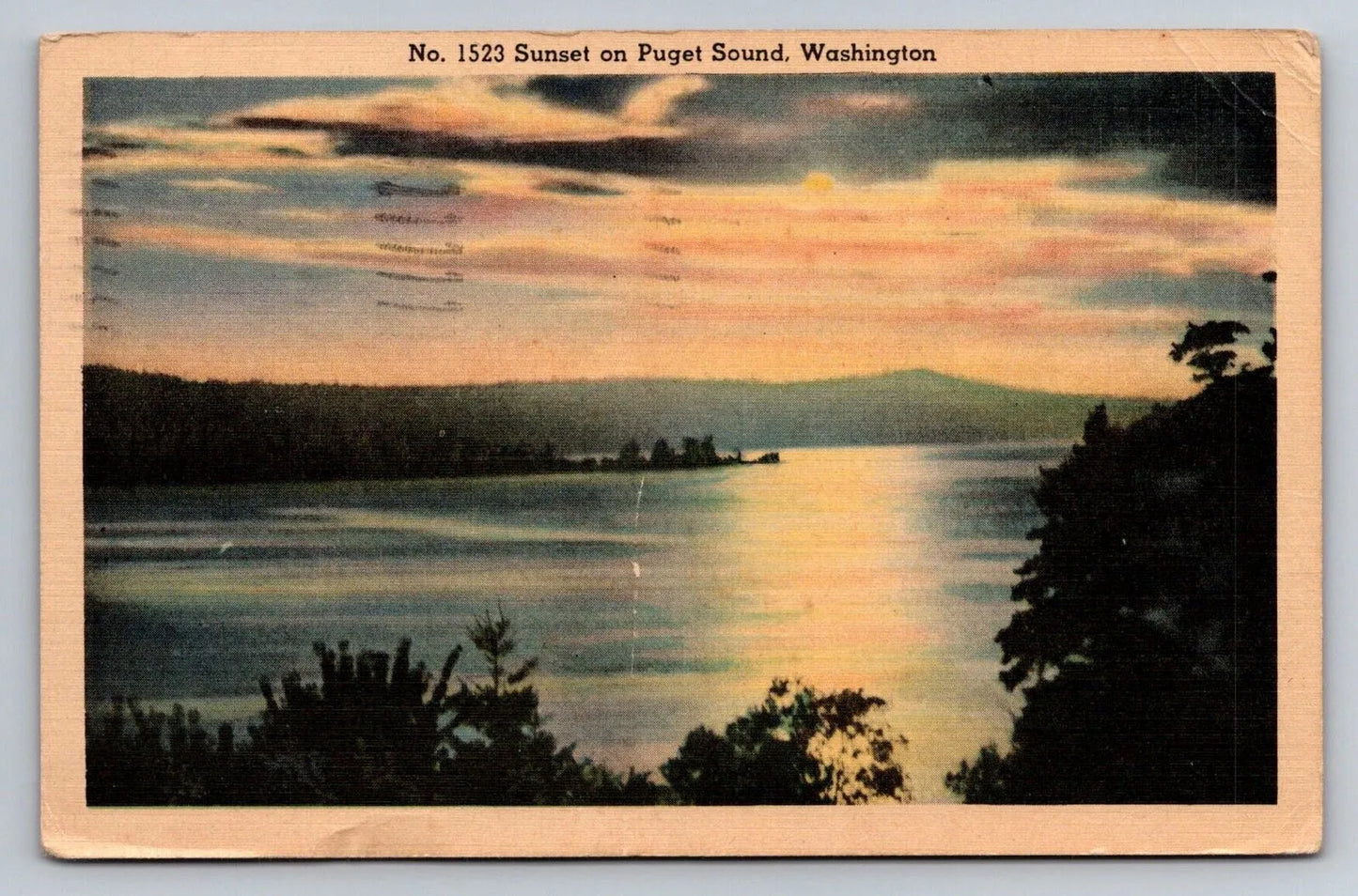 No. 1523 Sunset on Puget Sound, Washington Vintage Postcard