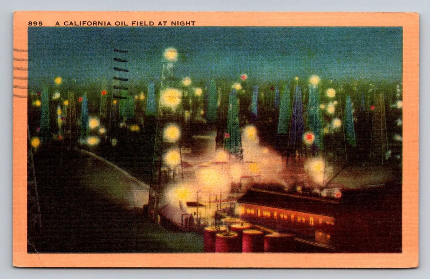 A California Oil Field at Night Vintage Postcard (circa 1949)
