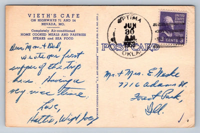 Vieth's Cafe, S. E. Corner Square, Nevada, MO, We Feed You Vintage Postcard