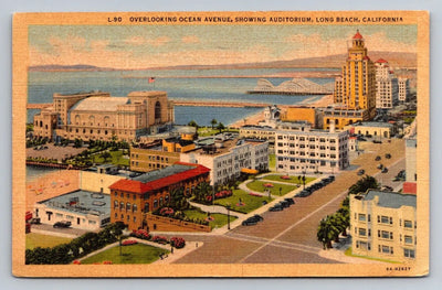 Overlooking Ocean Avenue, Showing Auditorium, Long Beach, California Postcard