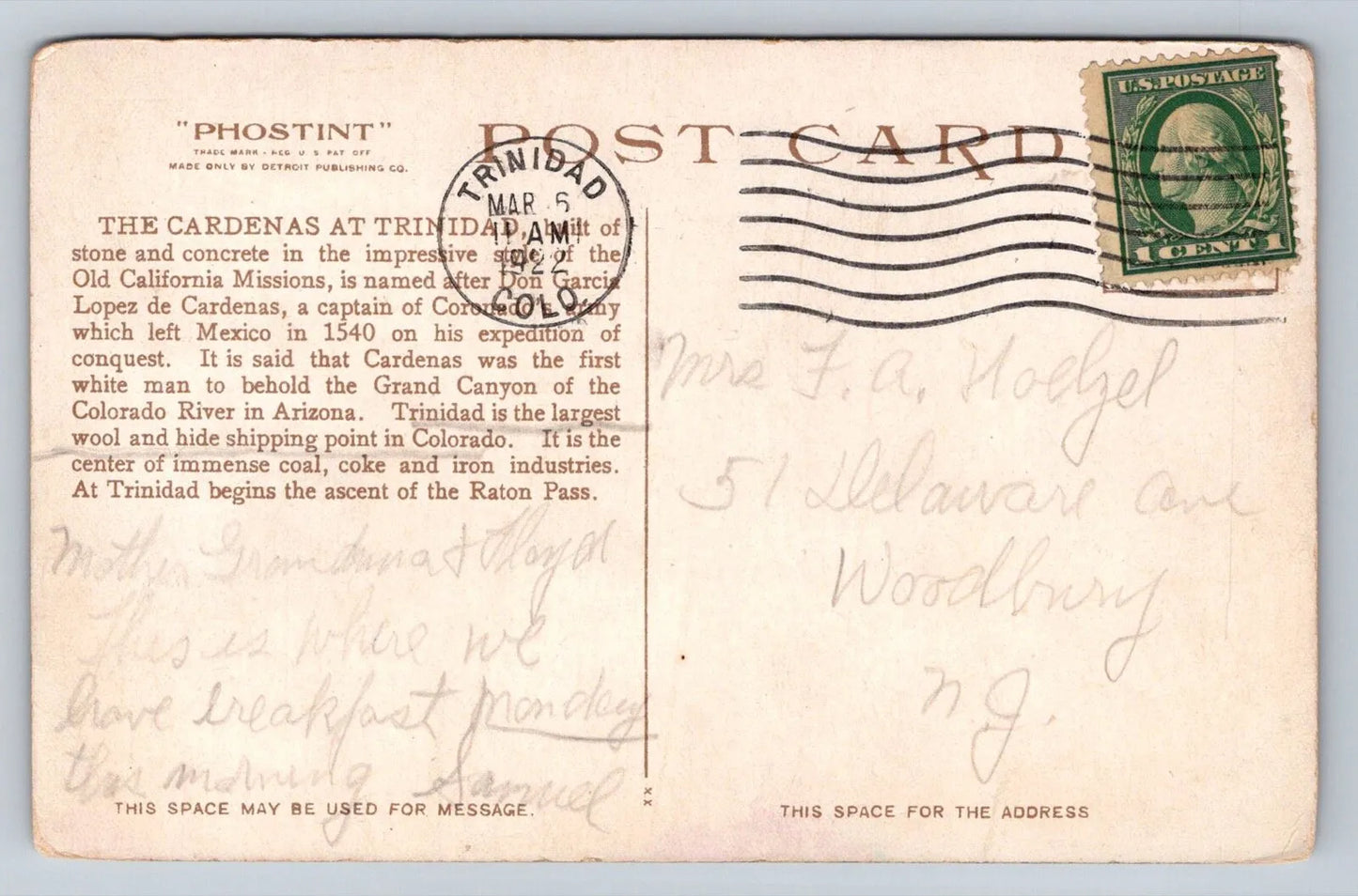 Cardenas Hotel, Trinidad, Colorado Vintage Detroit Publishing Postcard - Wow!