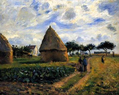 Peasants and Hay Stacks Painting by Camille Pissarro 8x10" Art Print - Restored