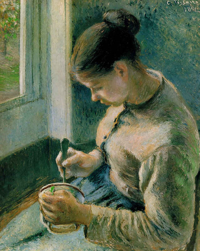 Peasant Girl Drinking Her Coffee painting by Camille Pissarro (1881)