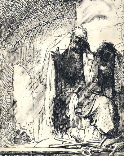 Peter and John at the Gate of the Temple drawing by Rembrandt (1629)