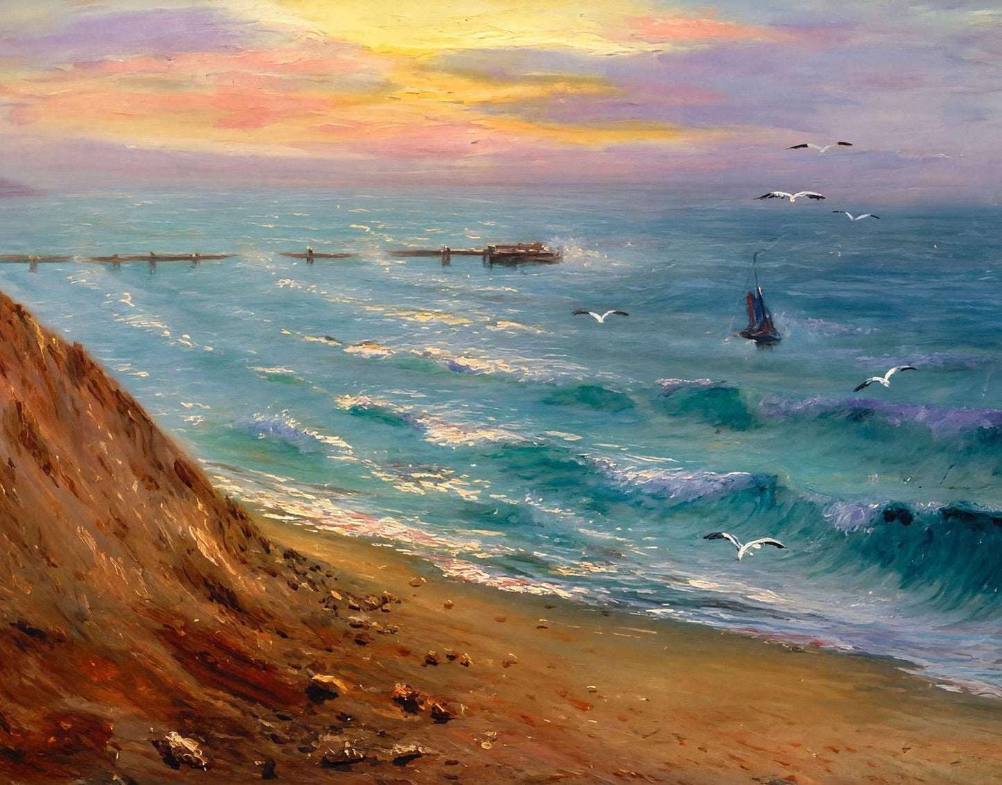 Pier and Rough Sea Boscombe in 1903 Art Print (7 Sizes) - Enhanced