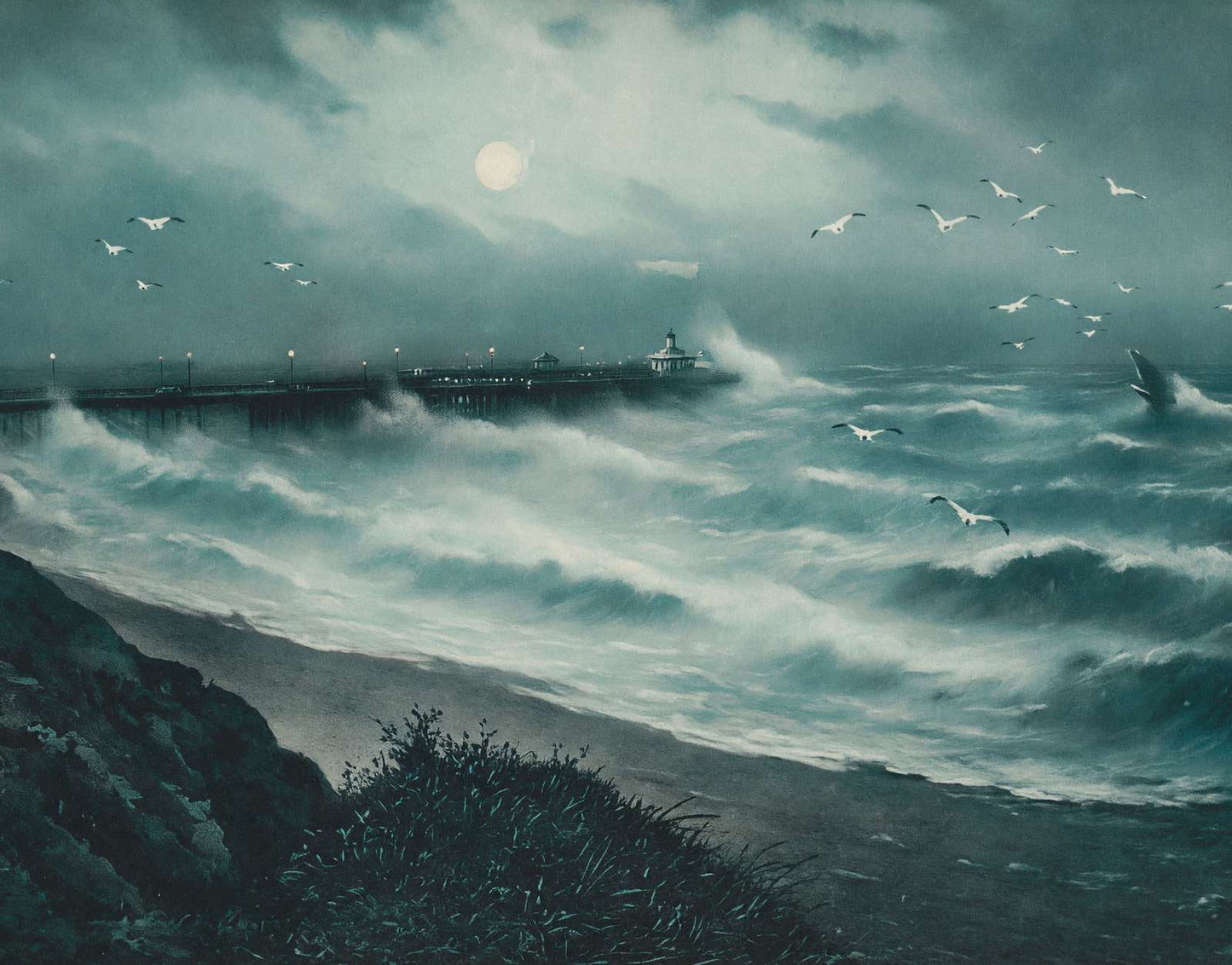 Pier and Rough Sea Bournemouth in 1904 Vintage Print (7 Sizes) - Acid Free