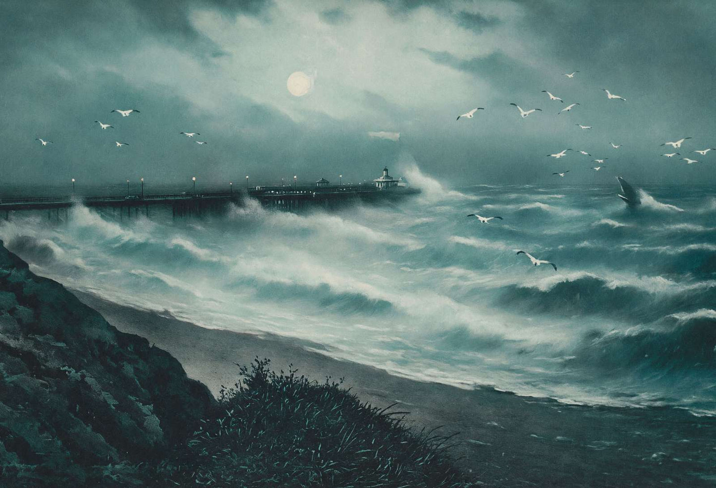 Pier and Rough Sea Bournemouth in 1904 Vintage Print (7 Sizes) - Acid Free