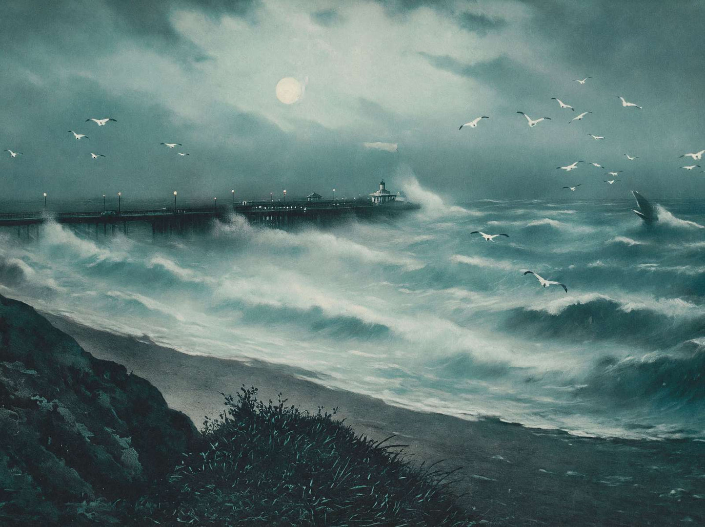 Pier and Rough Sea Bournemouth in 1904 Vintage Print (7 Sizes) - Acid Free
