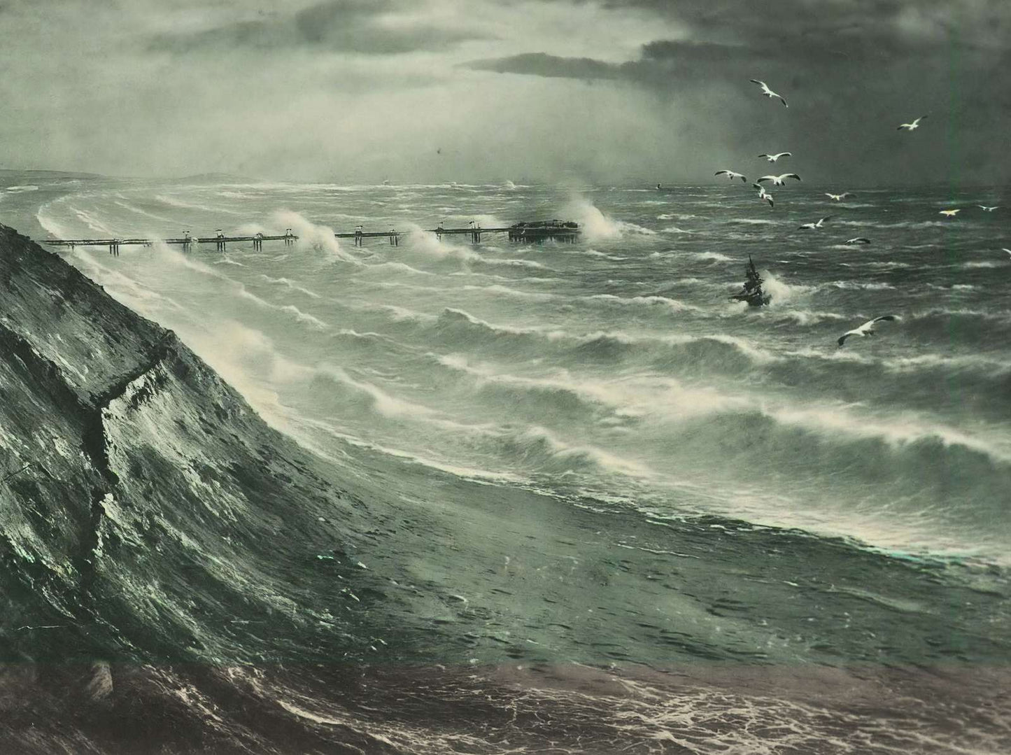 Pier and Rough Sea Boscombe in 1903 Vintage Print (7 Sizes) - High Quality