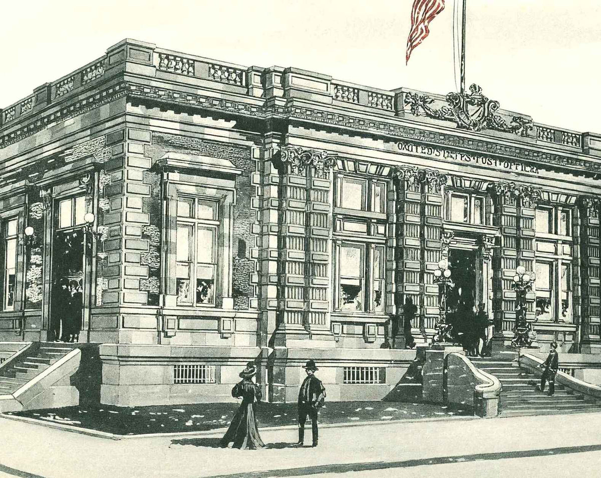 Post Office in Champaign in 1905 vintage print