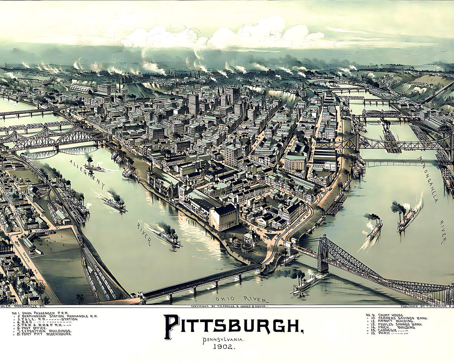Pittsburg Birds Eye View Aerial Map 8x10" Lithograph Reproduction
