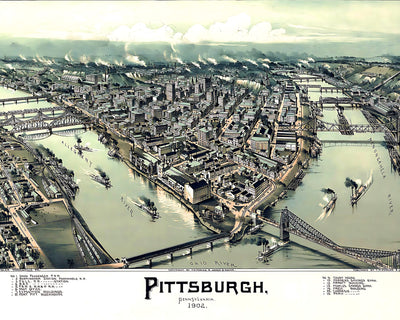 Pittsburg Birds Eye View Aerial Map 8x10" Lithograph Reproduction