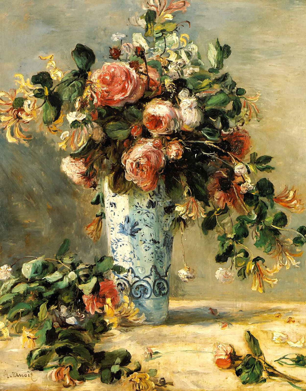 Roses and Jasmine in a Delft Vase Art Print 1881 by Renoir (6 Sizes)