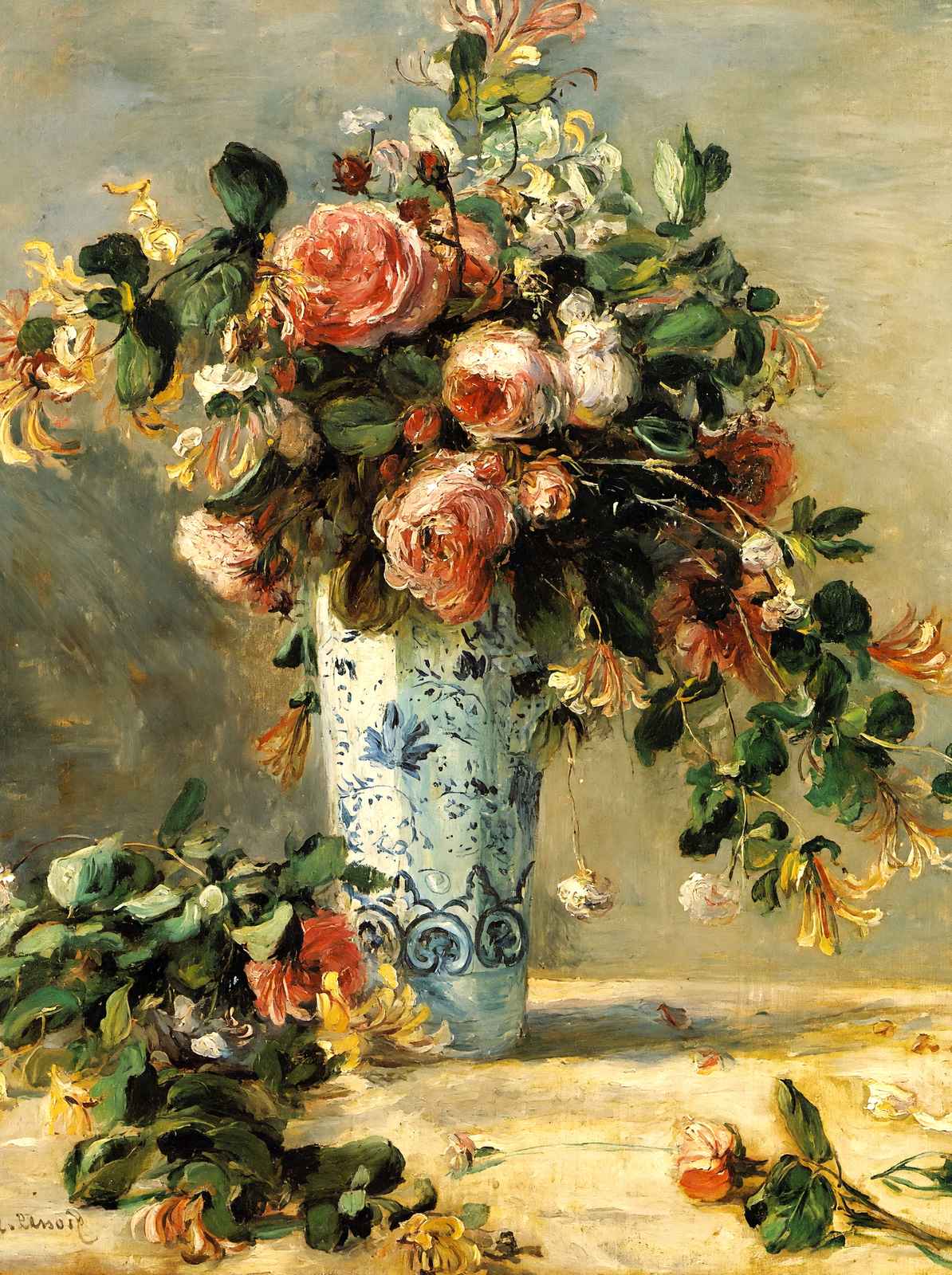 Roses and Jasmine in a Delft Vase Art Print 1881 by Renoir (6 Sizes)