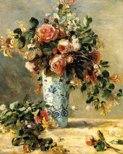 Roses and Jasmine in a Delft Vase art print by Pierre-Auguste Renoir (1881)