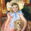 Sara in a Large Flowered Hat Looking Right Holding Her Dog painting print by Mary Cassatt (1902)