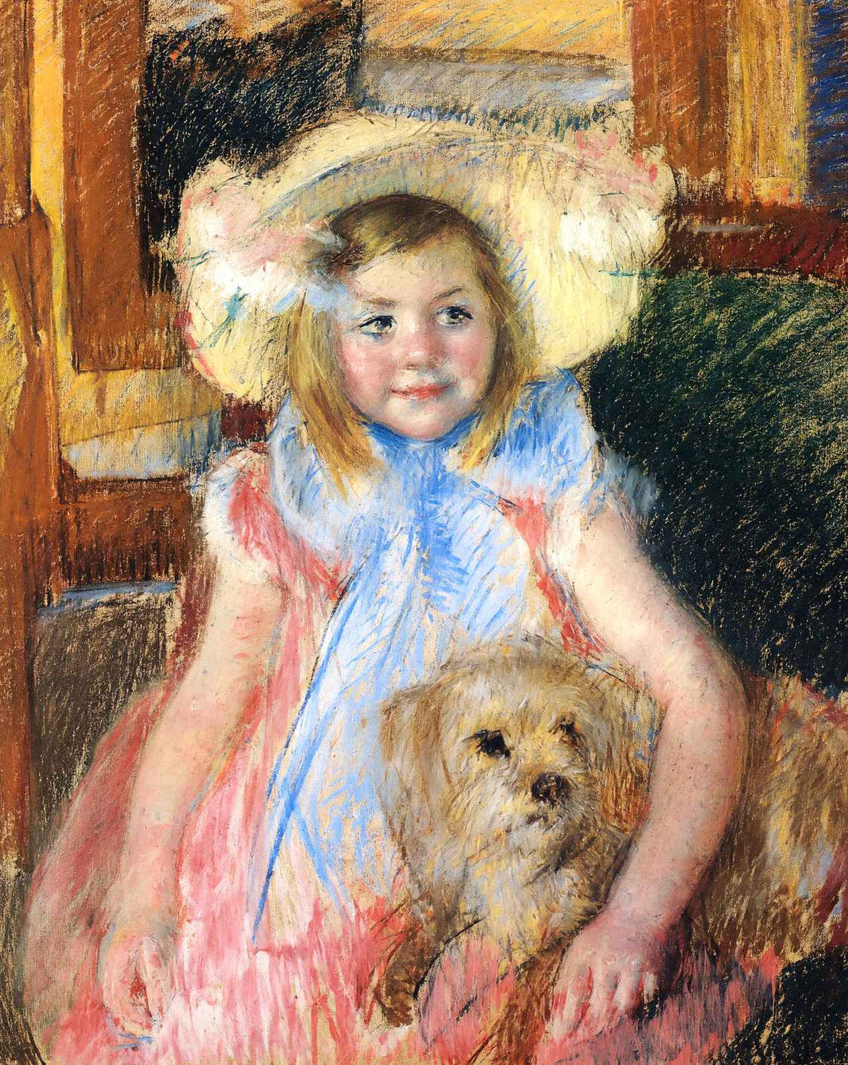 Sara in a Large Flowered Hat Looking Right Holding Her Dog painting print by Mary Cassatt (1902)