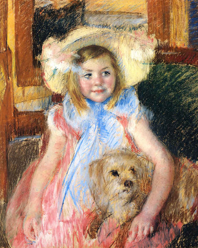 Sara in a Large Flowered Hat Looking Right Holding Her Dog painting print by Mary Cassatt (1902)