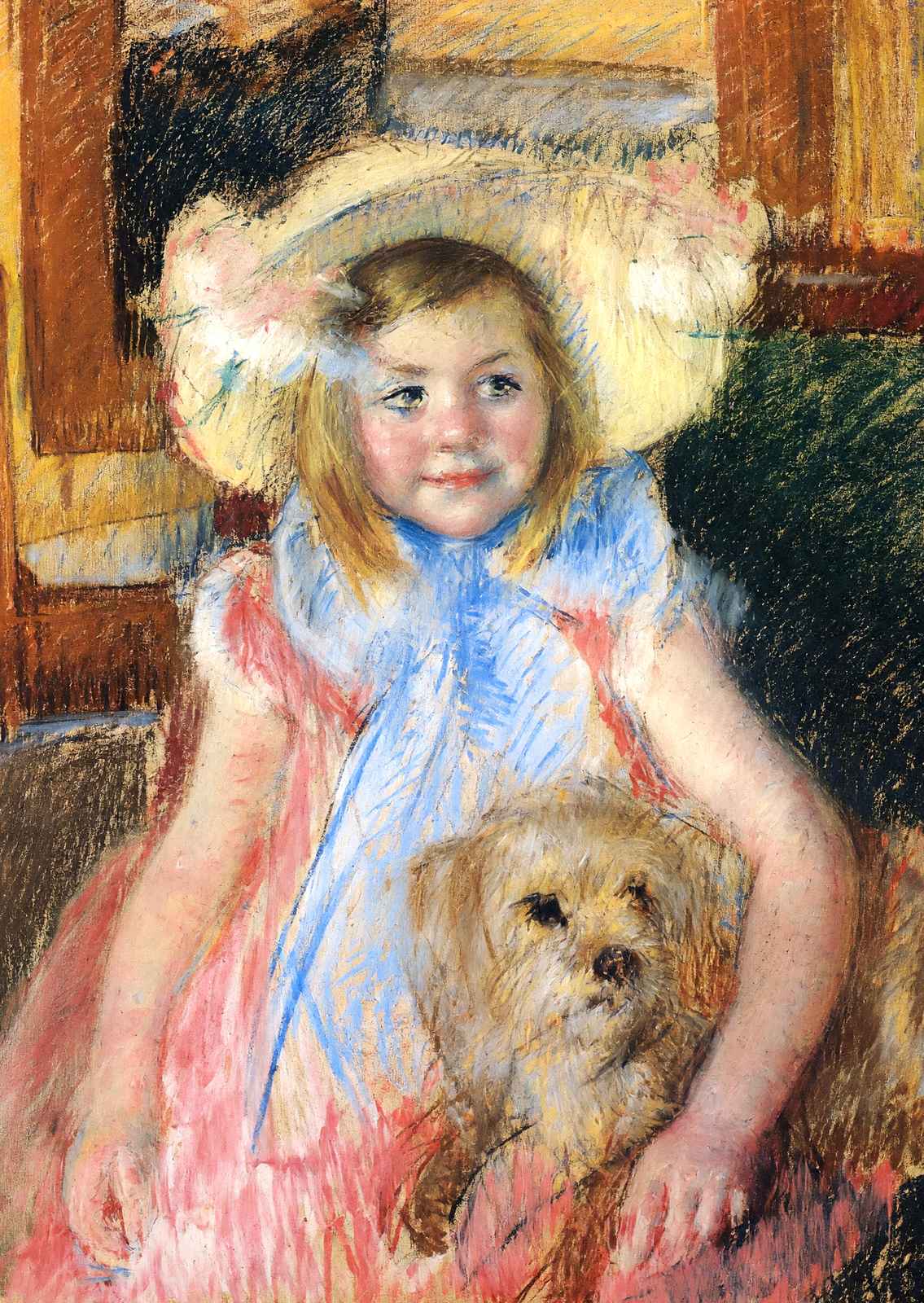 Sara in a Large Flowered Hat Looking Right Holding Her Dog 1902 Print (6 Sizes)