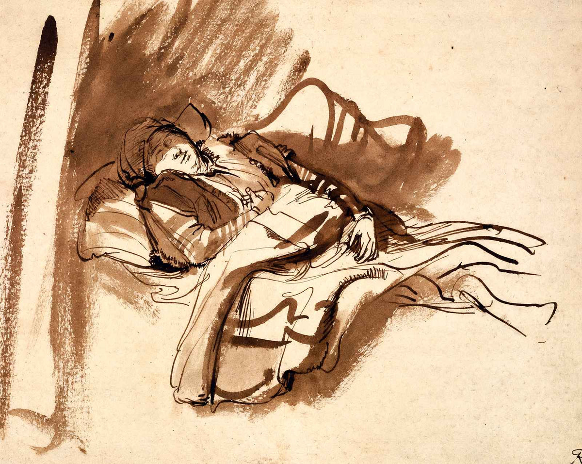 Saskia Asleep in Bed painting by Rembrandt (1638)