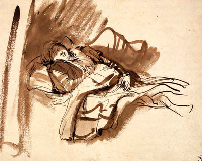 Saskia Asleep in Bed painting by Rembrandt (1638)