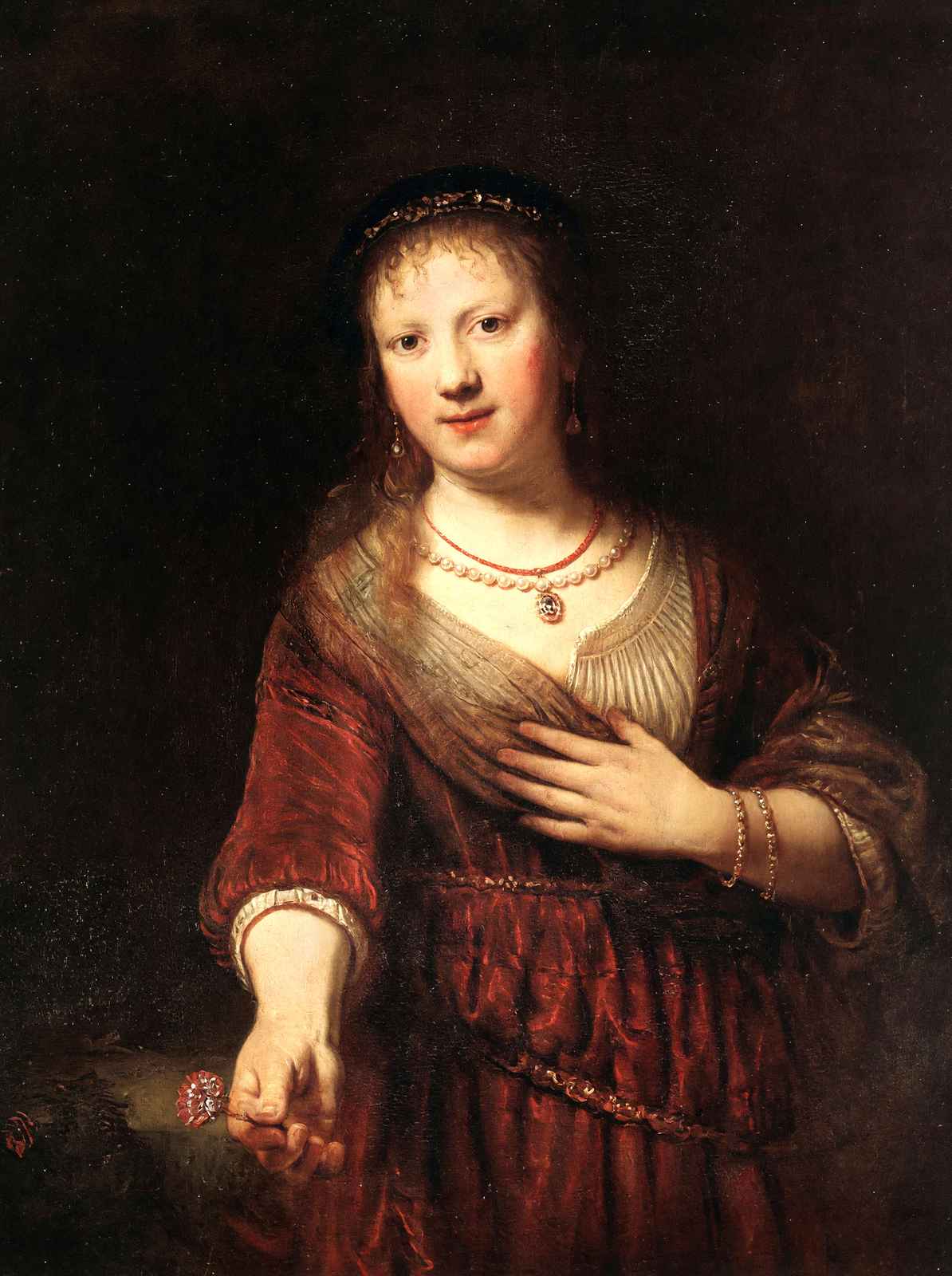 Saskia with a Red Flower 1641 Painting by Rembrandt Fine Art Print (6 Sizes)