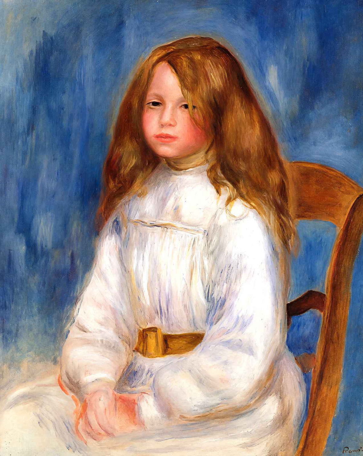 Seated Little Girl with a Blue Background painting print by Pierre-Auguste Renoir (1890)