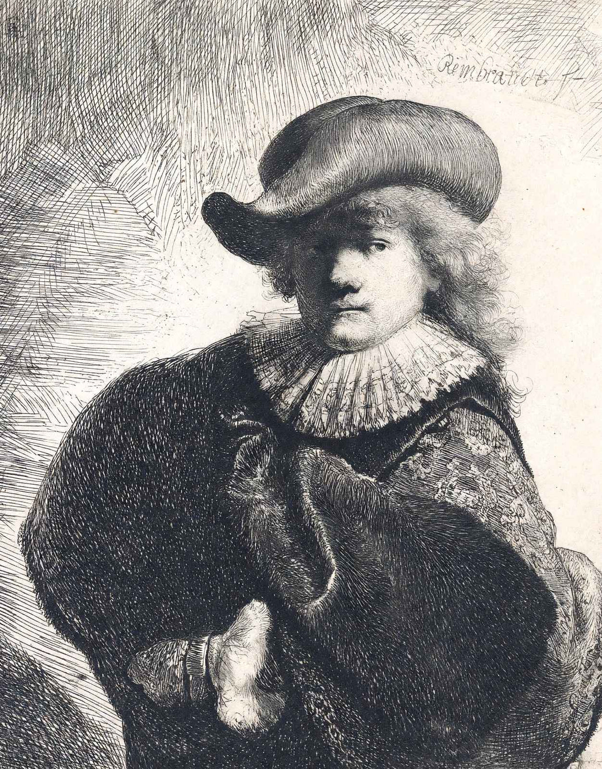 Self-Portrait in a Soft Hat and Embroidered Cloak 1631 Rembrandt Print (6 Sizes)
