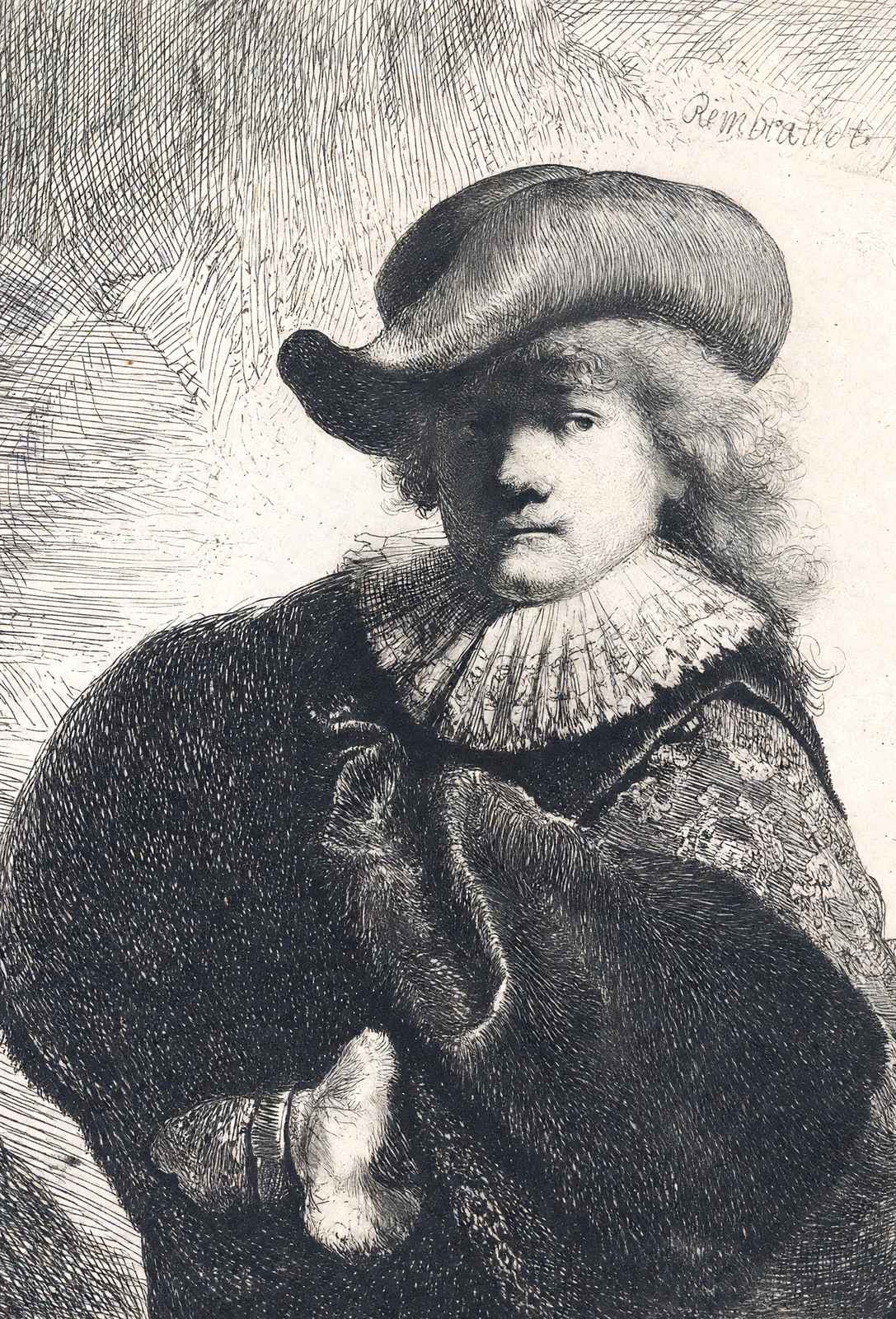 Self-Portrait in a Soft Hat and Embroidered Cloak 1631 Rembrandt Print (6 Sizes)