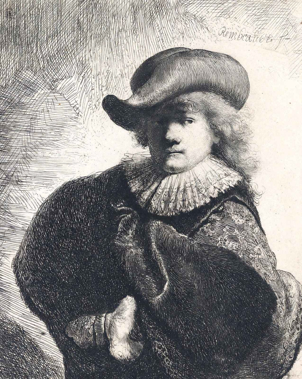 Self-Portrait in a Soft Hat and Embroidered Cloak painting by Rembrandt (1631)