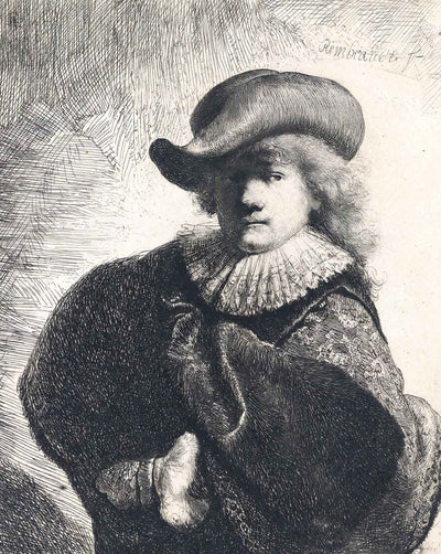 Self-Portrait in a Soft Hat and Embroidered Cloak painting by Rembrandt (1631)