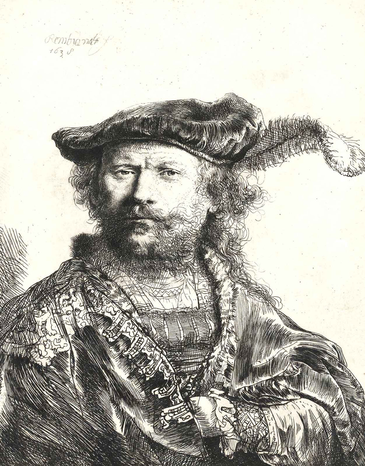 Self-Portrait in Velvet Cap and Plume 1638 by Rembrandt Fine Art Print (6 Sizes)