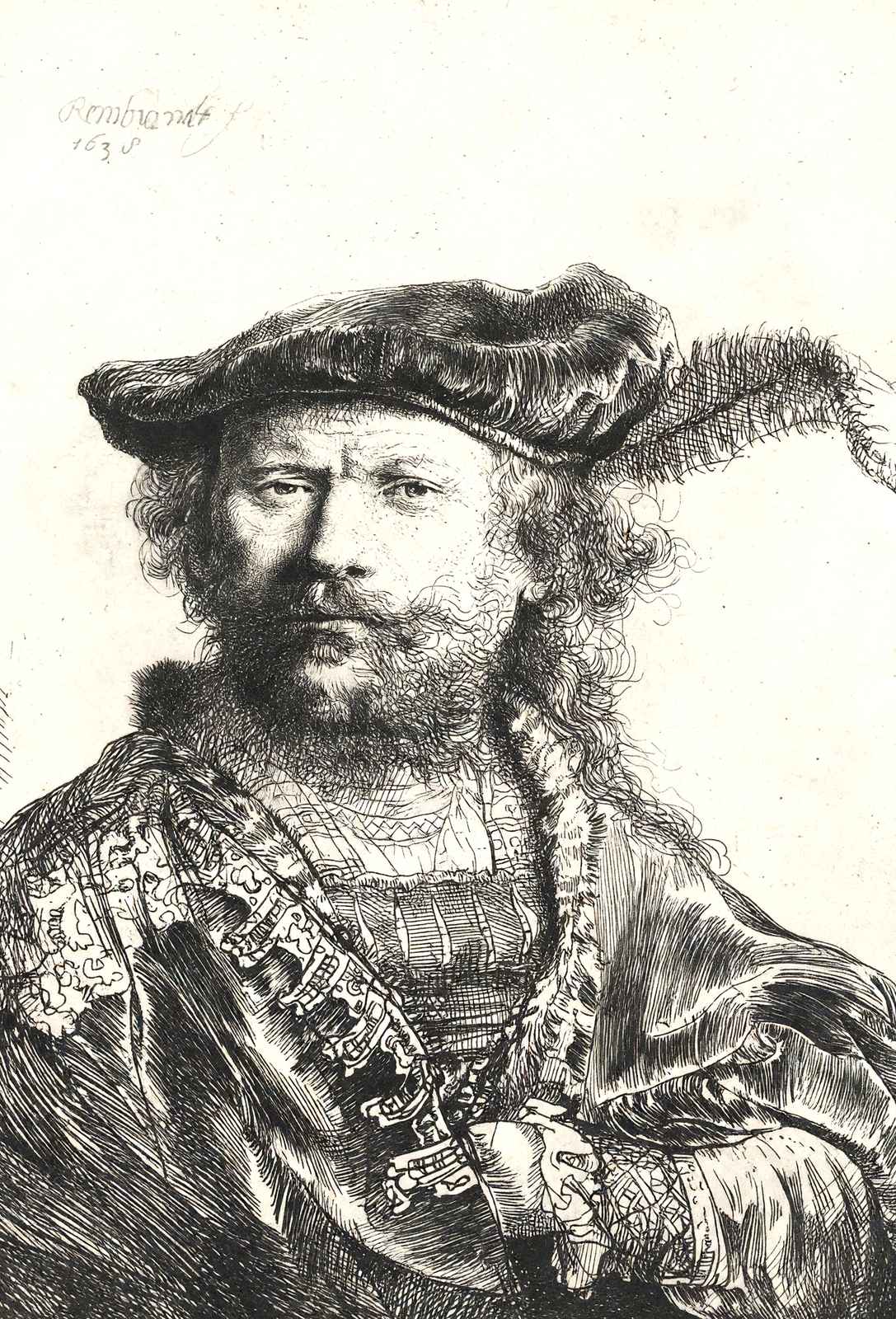 Self-Portrait in Velvet Cap and Plume 1638 by Rembrandt Fine Art Print (6 Sizes)