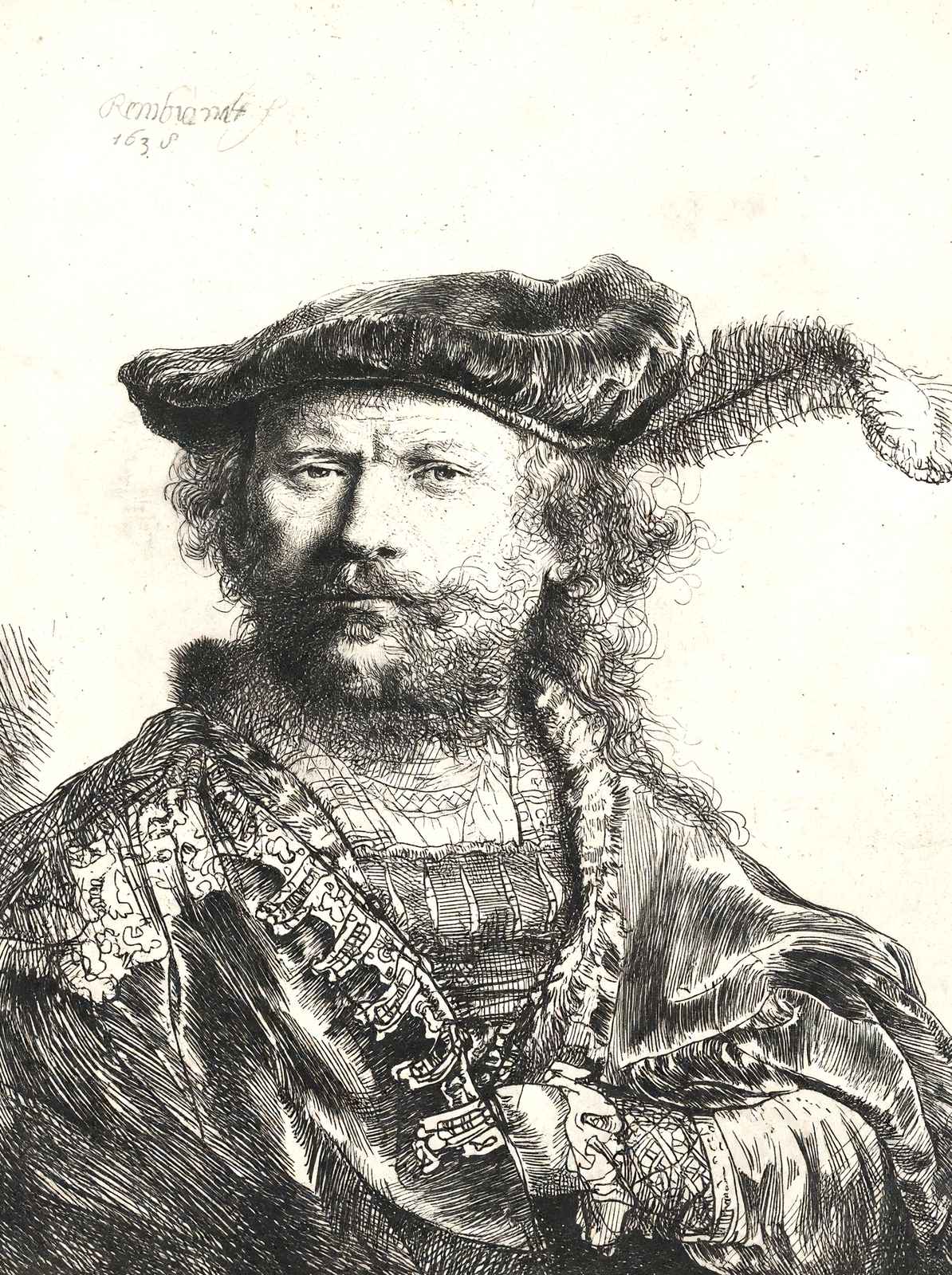 Self-Portrait in Velvet Cap and Plume 1638 by Rembrandt Fine Art Print (6 Sizes)