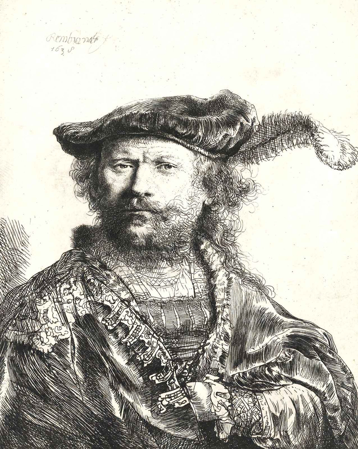 Self-Portrait in Velvet Cap and Plume fine art print by Rembrandt (1638)
