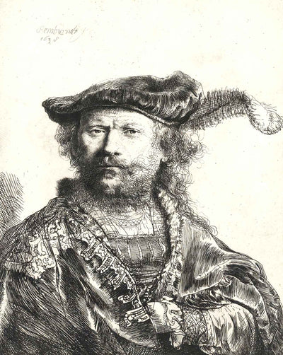 Self-Portrait in Velvet Cap and Plume fine art print by Rembrandt (1638)