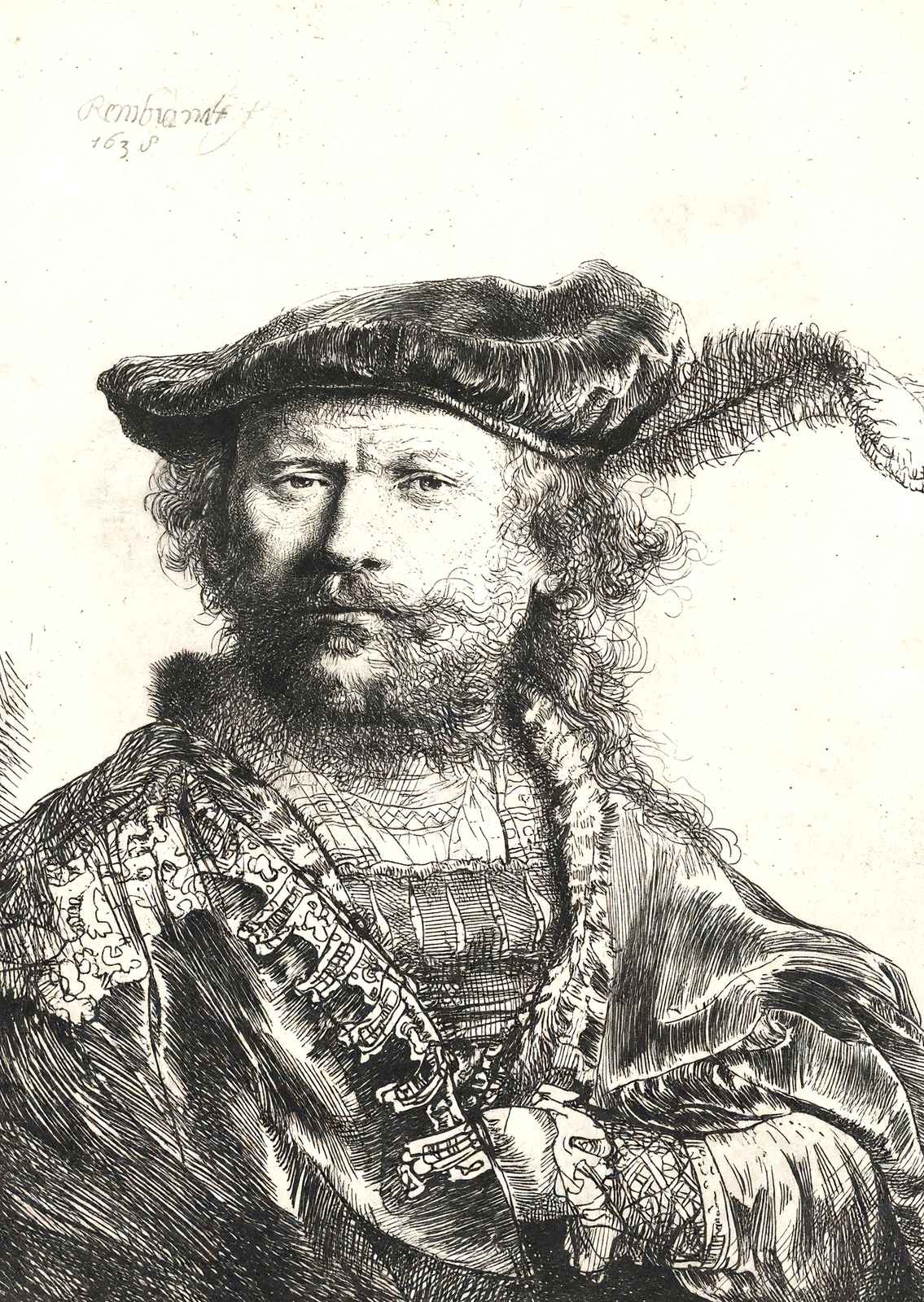 Self-Portrait in Velvet Cap and Plume 1638 by Rembrandt Fine Art Print (6 Sizes)