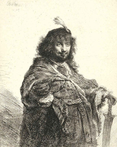 Self-Portrait with Plumed Cap and Lowered Sabre painting by Rembrandt (1634)