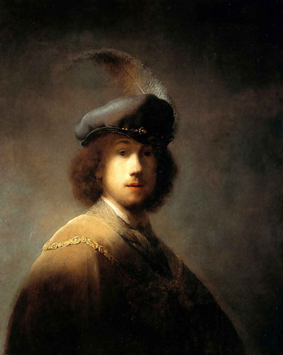 Self-Portrait in a Plumed Hat painting print by Rembrandt (1629)