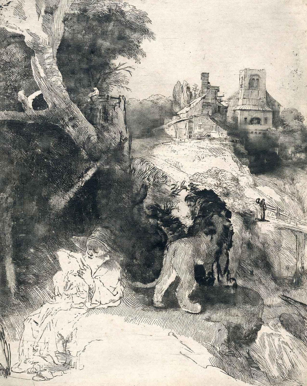 St. Jerome in an Italian Landscape drawing print by Rembrandt (1653)