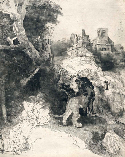 St. Jerome in an Italian Landscape drawing print by Rembrandt (1653)