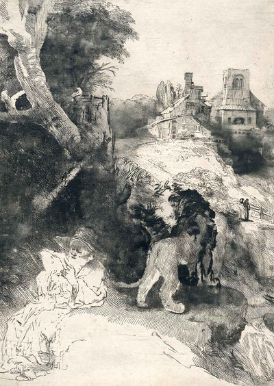 St. Jerome in an Italian Landscape Art Print 1653 Drawing by Rembrandt (6 Sizes)